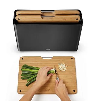 Набор бамбуковых разделочных досок Joseph Joseph Folio Steel Bamboo, 3 шт, с чёрным кейсом из нержавеющей стали