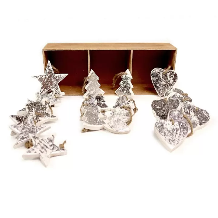 Украшения подвесные silver stars/trees/hearts, деревянные, в подарочной коробке, 24 шт.