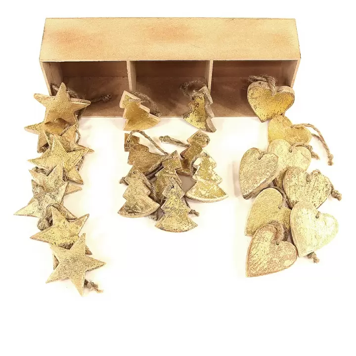 Украшения подвесные golden stars/trees/hearts, деревянные, в подарочной коробке, 24 шт.