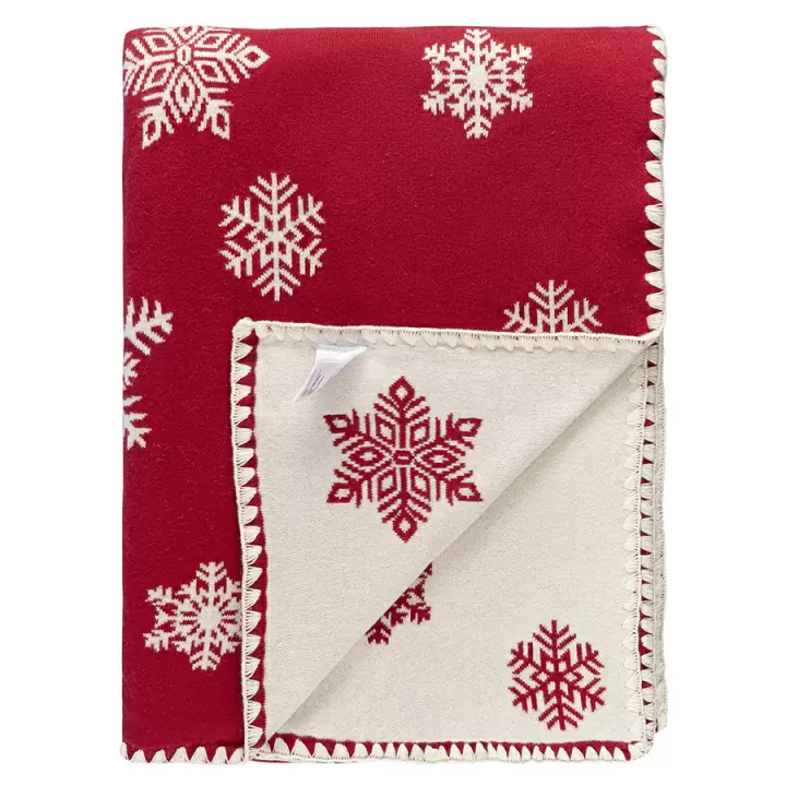 Плед из хлопка с новогодним рисунком Tkano Fluffy snowflakes из коллекции New Year Essential, 130х180 см